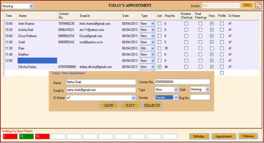This show the appointments of the present day .we can also add more appointment,update details & search patient.