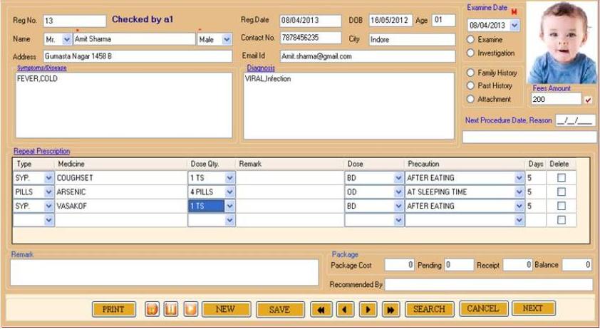 Maintain patient's personal detail,symtoms,famliy history,past history,diagnosis,medicine details,reports and can view previous date details also.