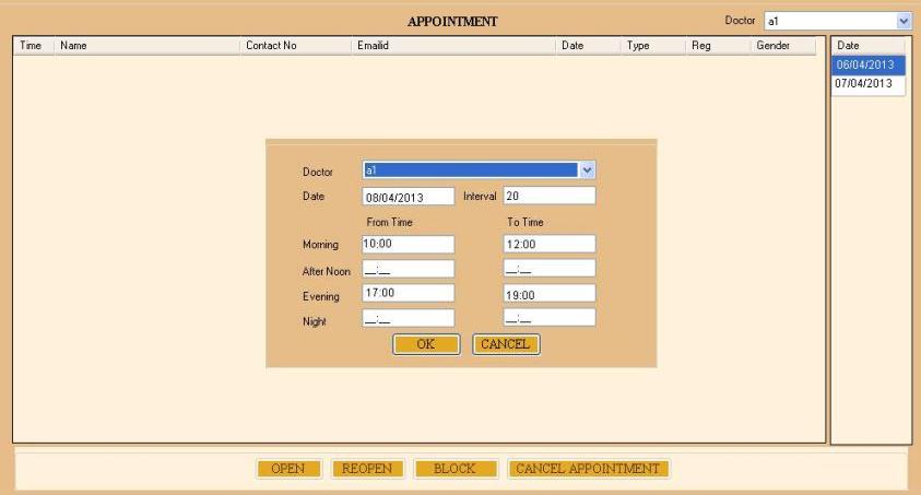 Open,cancel,reopen,block,unblock appointment feature with auto mailing feature intimating patient regarding appointment.